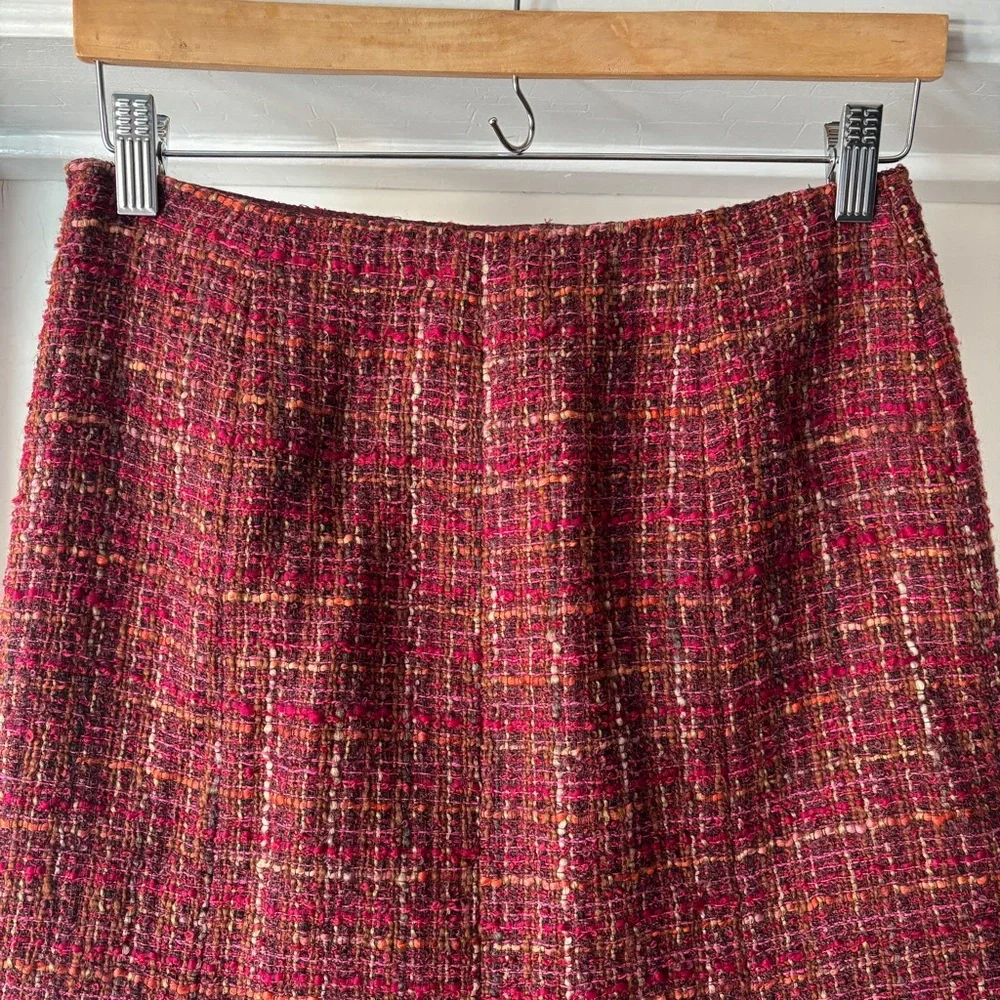 Lafayette 148 New York Tweed Midi Skirt Red Purple Flounce Hem Size 4